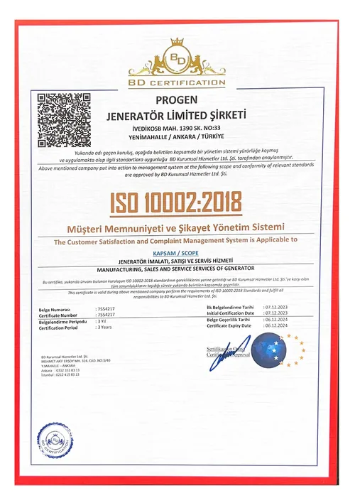 Progen Jeneratör ISO10002 Belgesi