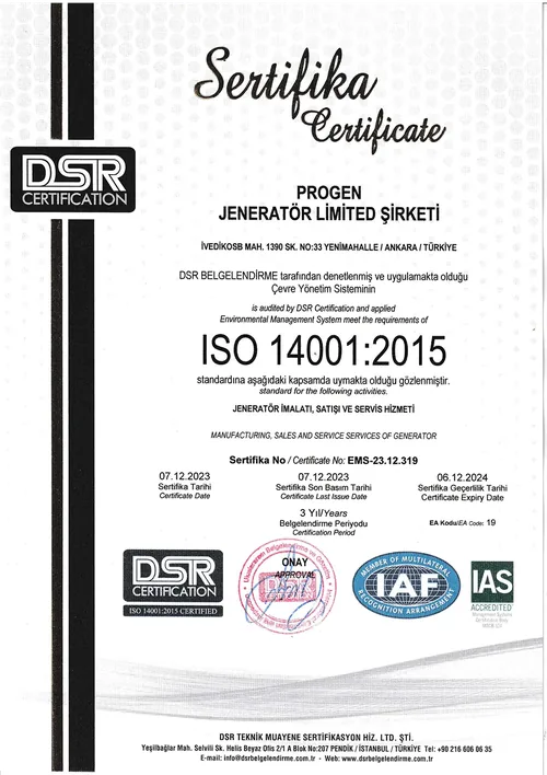 Progen Jeneratör ISO14001 Belgesi