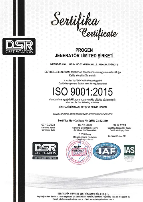 Progen Jeneratör ISO9001 Belgesi