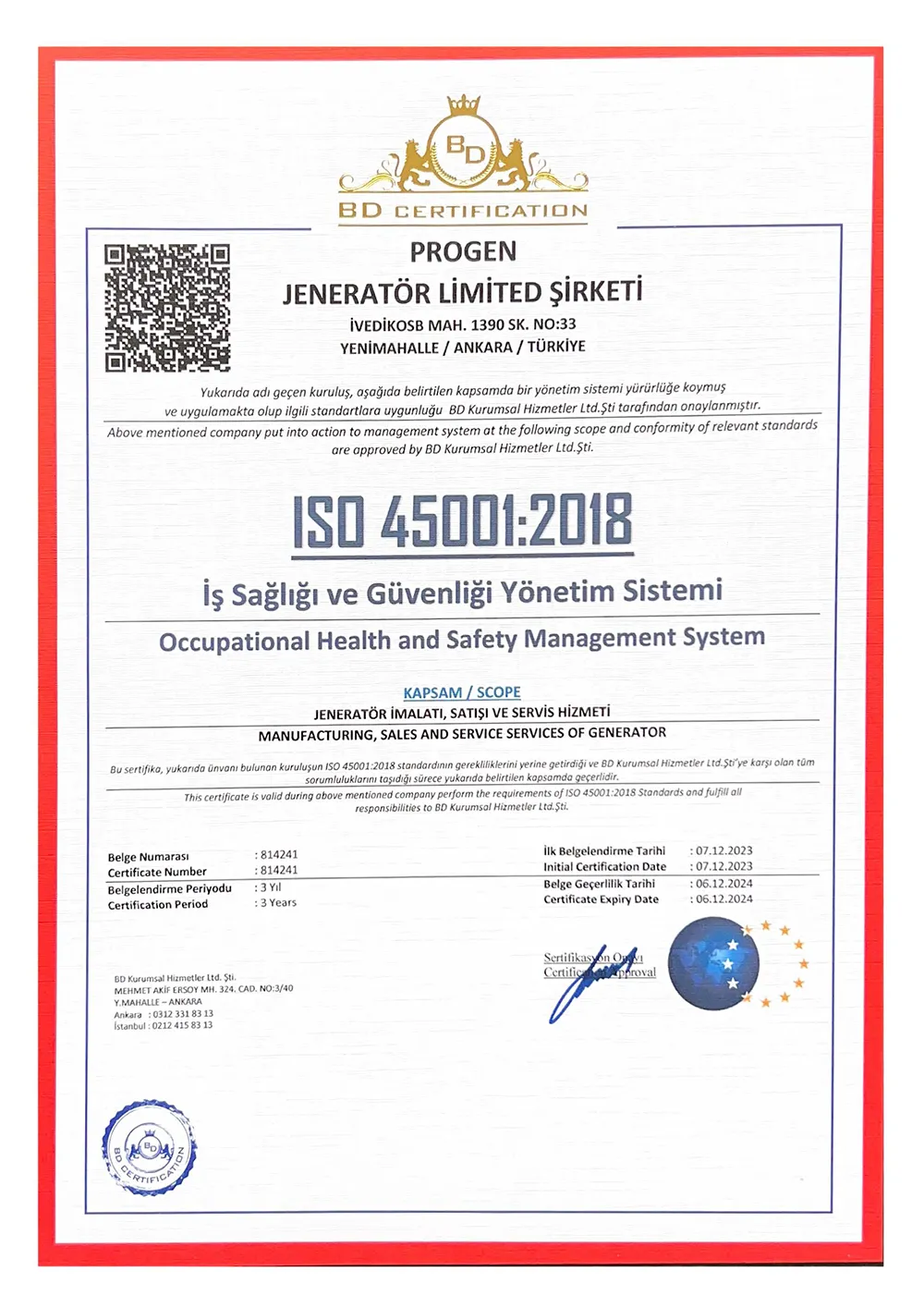 Progen Jeneratör ISO45001 Belgesi